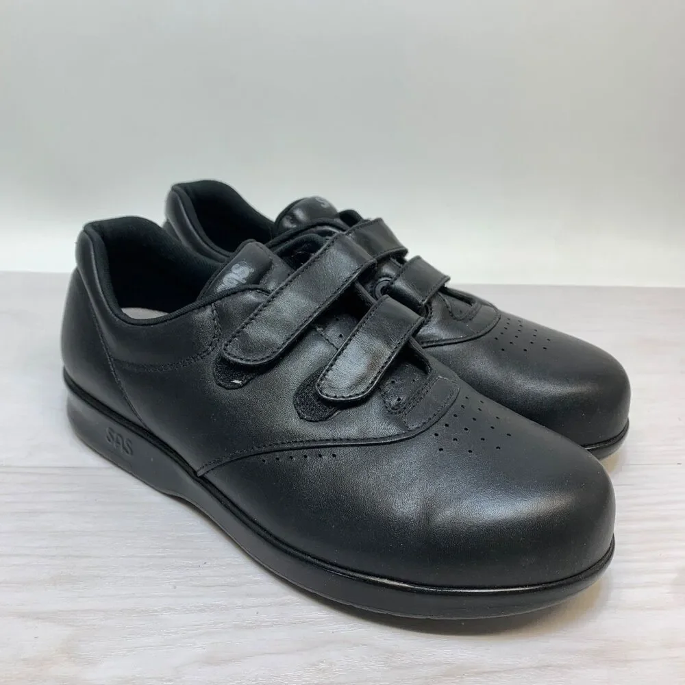 SAS Me Too‎ Black Leather Hook Loop Walking Shoes Womens Size 9 WW Comfort